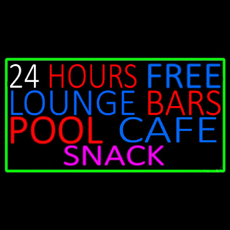 24 Hours Free Lounge Bars Pool Cafe Snack With Green Border Neontábla