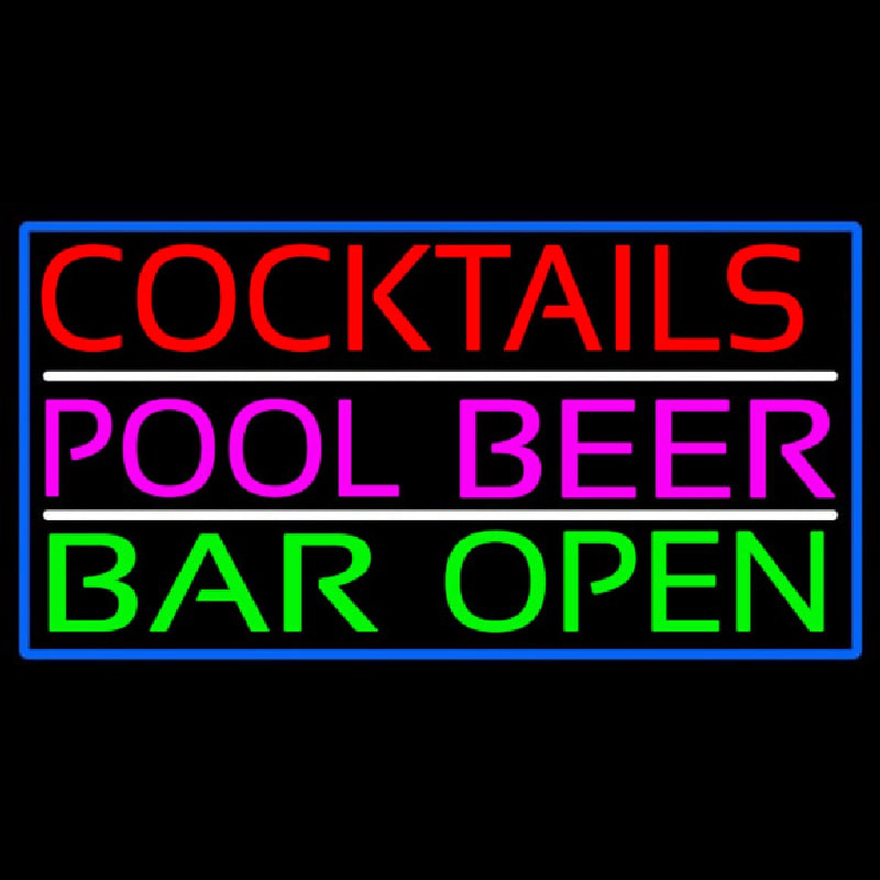 Cocktails Pool Beer Bar Open Neontábla