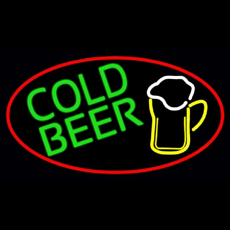 Cold Beer And Mug Oval With Red Border Neontábla