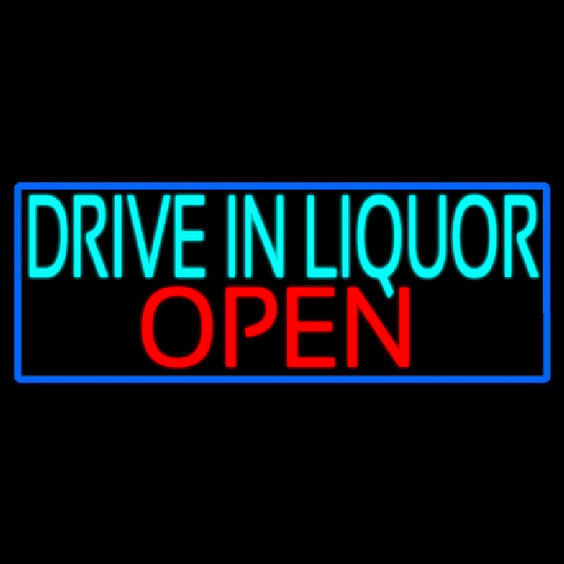 Drive In Liquor Open With Blue Border Neontábla