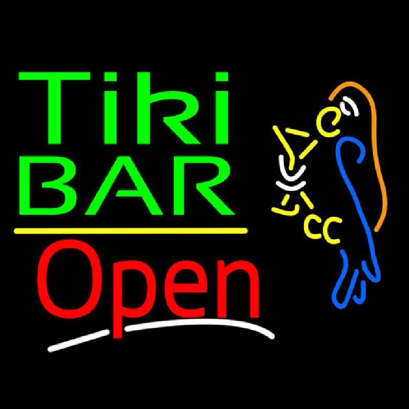 Green Tiki Bar With Parrot Martini Glass Open Neontábla