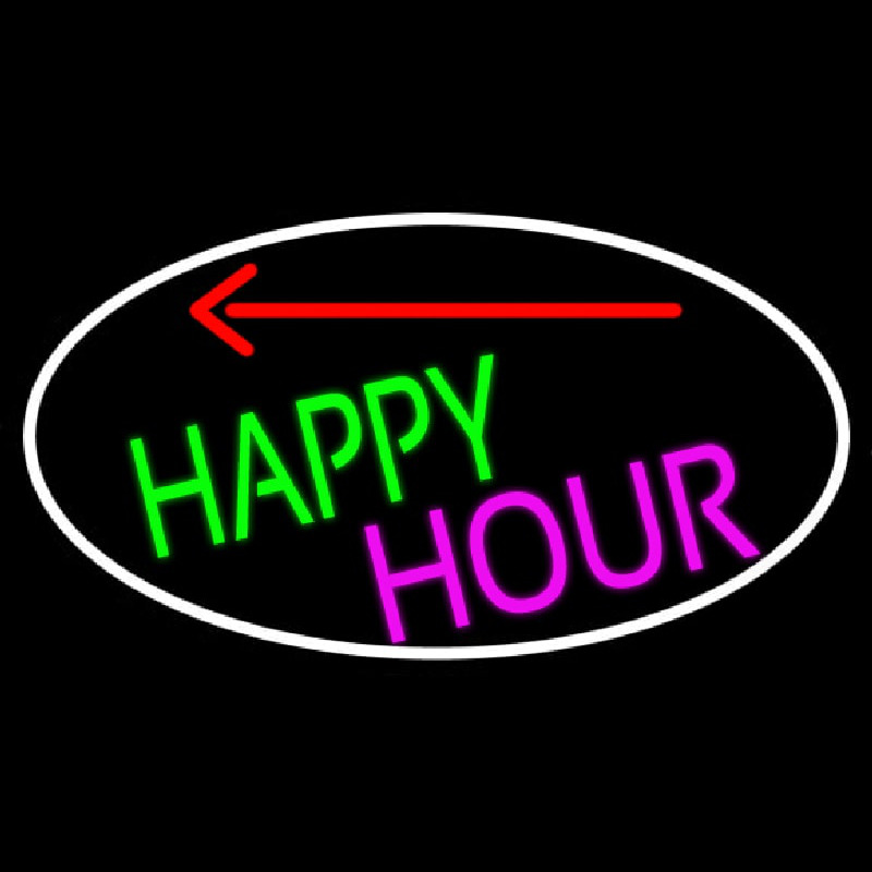 Happy Hour And Arrow Oval With White Border Neontábla