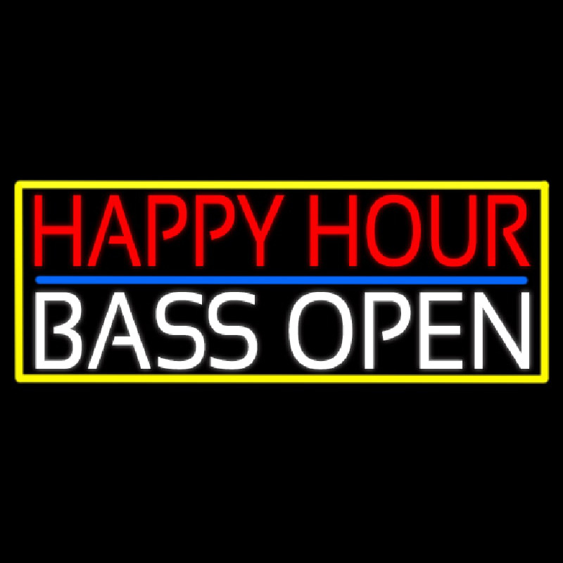 Happy Hour Bass Open With Yellow Border Neontábla