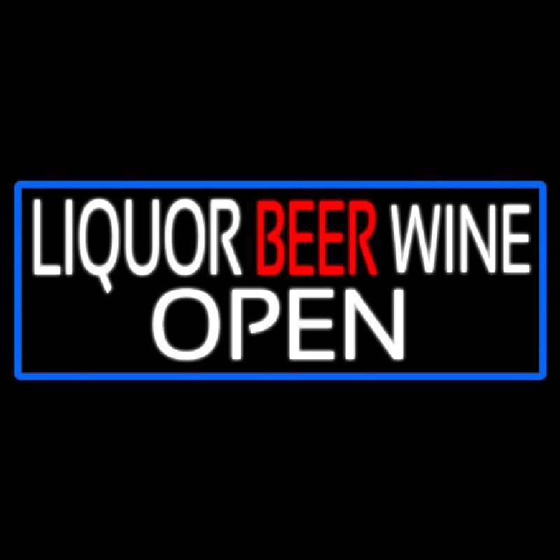 Liquor Beer Wine Open With Blue Border Neontábla