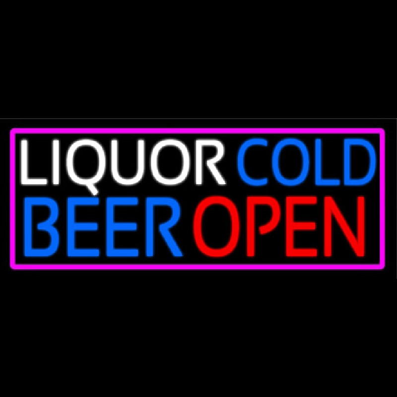 Liquors Cold Beer Open With Pink Border Neontábla