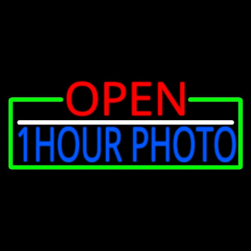 Open 1 Hour Photo With Green Border Neontábla