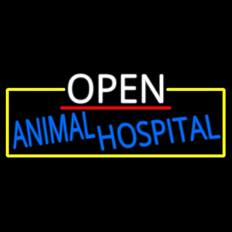 Open Animal Hospital With Yellow Border Neontábla