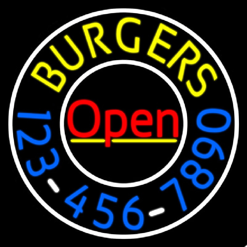 Open Burgers With Numbers Circle Neontábla