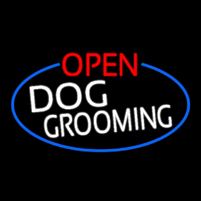 Open Dog Grooming Oval With Blue Border Neontábla