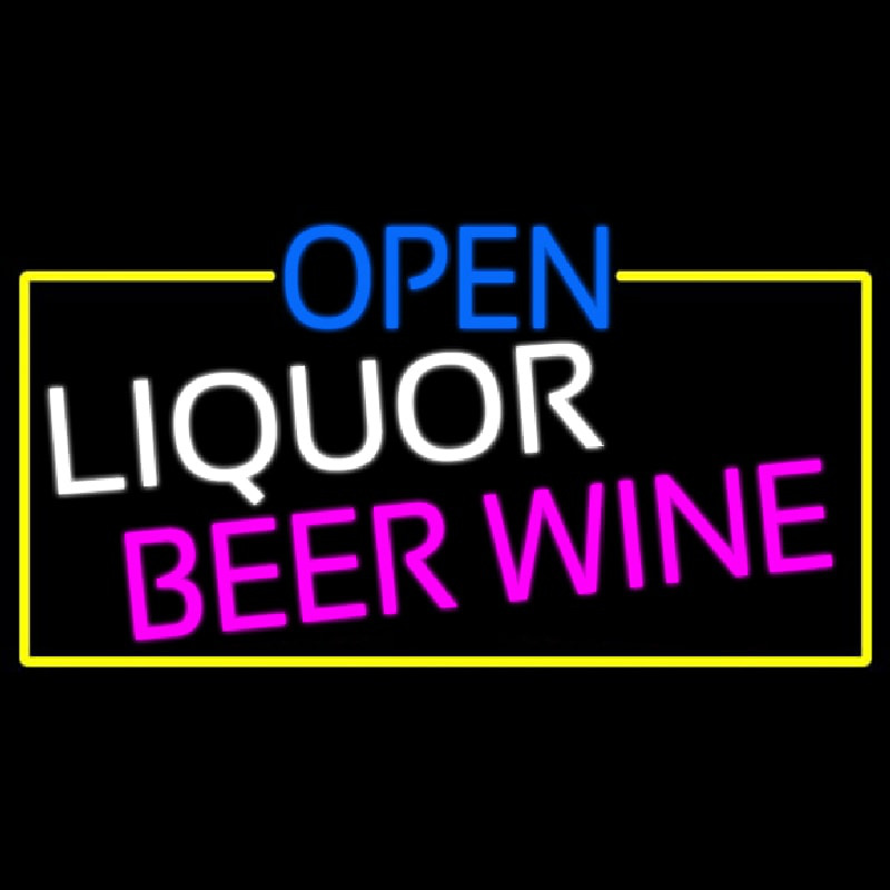 Open Liquor Beer Wine With Yellow Border Neontábla