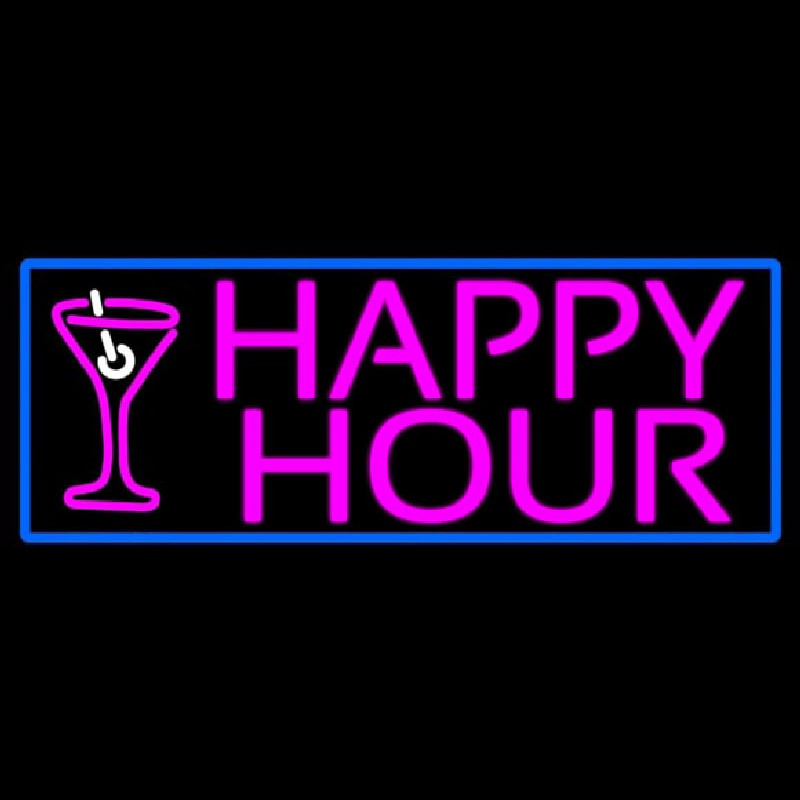 Pink Happy Hour And Wine Glass With Blue Border Neontábla