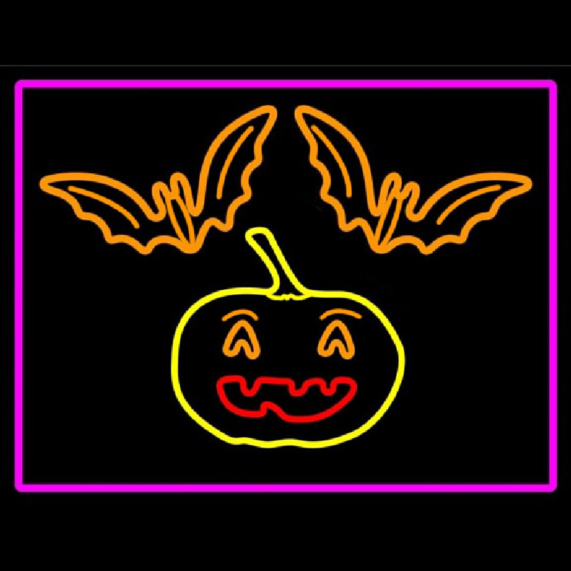 Pumpkin And Bats With Pink Border Neontábla