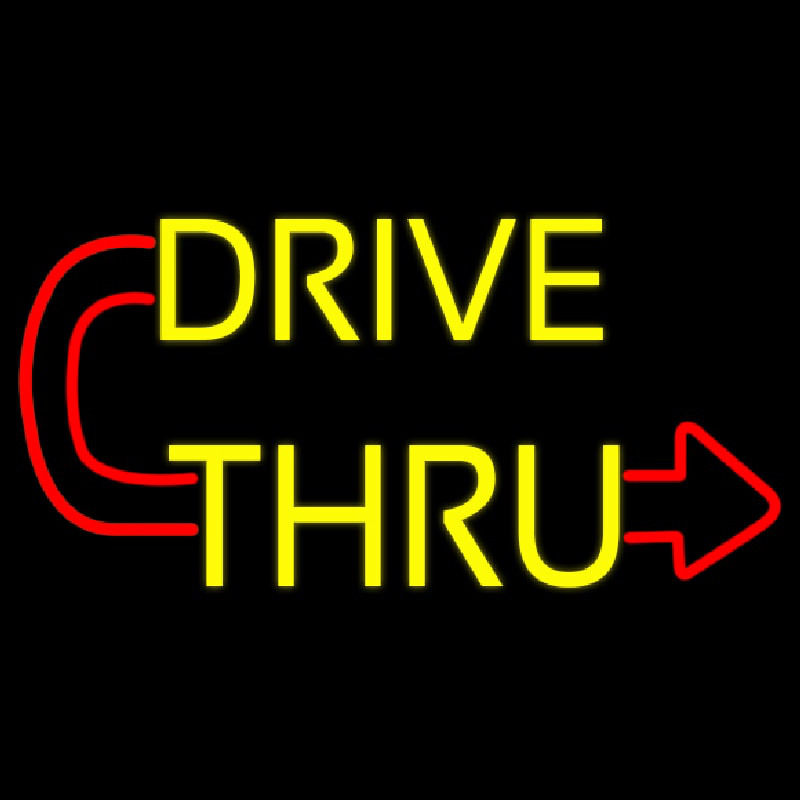 Red Drive Thru With Curved Arrow Neontábla