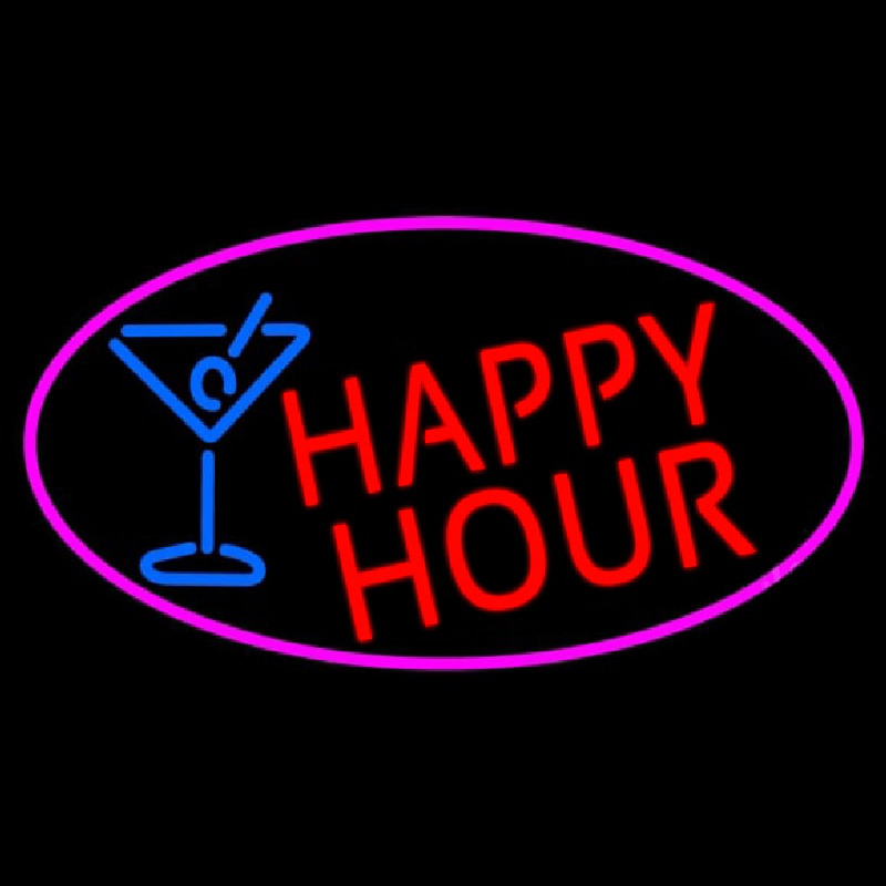Red Happy Hour And Wine Glass Oval With Pink Border Neontábla
