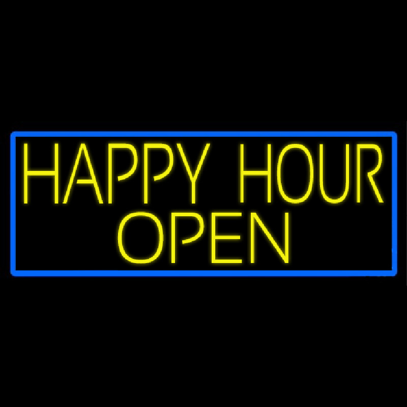 Yellow Happy Hour Open With Blue Border Neontábla