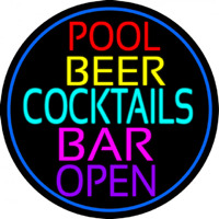 Cocktails Pool Beer Bar Open Neontábla