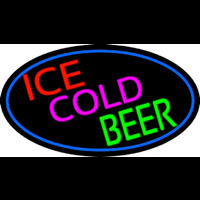 Ice Cold Beer Oval With Blue Border Neontábla