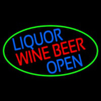 Liquor Wine Beer Open Oval With Green Border Neontábla