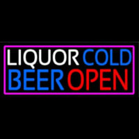 Liquors Cold Beer Open With Pink Border Neontábla