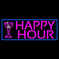 Pink Happy Hour And Wine Glass With Blue Border Neontábla