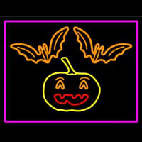 Pumpkin And Bats With Pink Border Neontábla