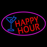 Red Happy Hour And Wine Glass Oval With Pink Border Neontábla